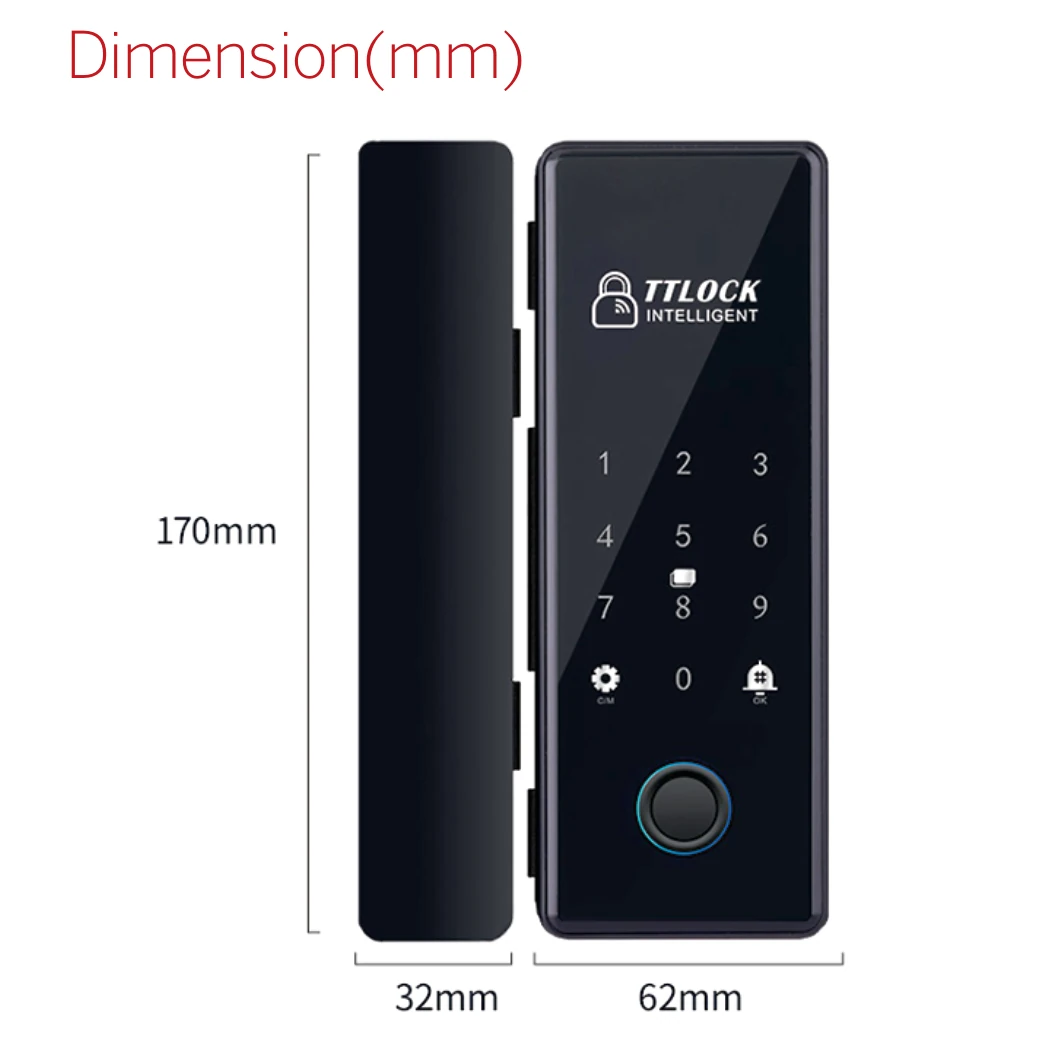 Διαστάσεις CGATE iGLASSK190 — ύψος 170mm, πλάτος 32mm + 62mm, για γυαλί 8-12mm