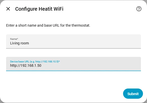 The Heatit WiFi setup dialog with the Name and device URL fields