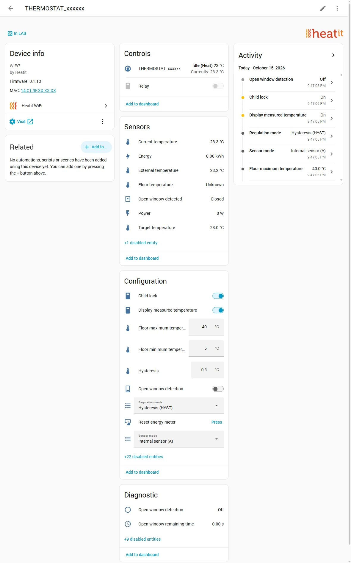 The device page of a Heatit WiFi7 in Home Assistant with controls, sensors and settings