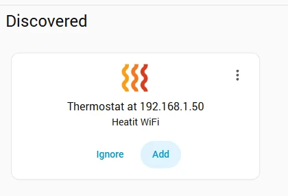 The Discovered card with the Heatit thermostat in the Home Assistant integrations page