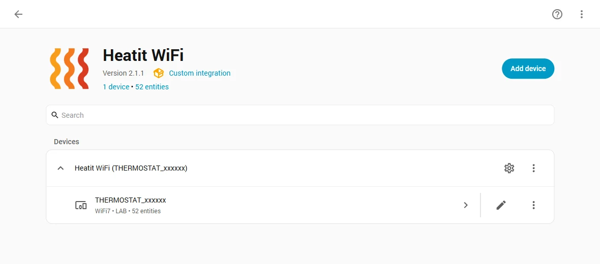 The Heatit WiFi integration page in Home Assistant with one thermostat and 52 entities
