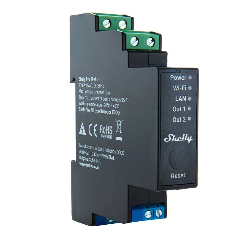 Shelly Pro 2PM — μπροστινή όψη με ενδείξεις Power, Wi-Fi, LAN, Out 1, Out 2