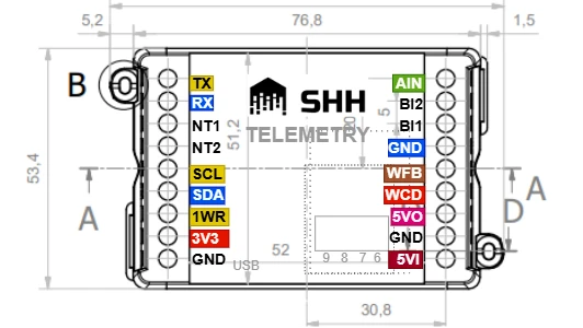 SHH-TELEMETRY — Διάγραμμα ακροδεκτών (pinout): TX, RX, NT1, NT2, SCL, SDA, 1WR, 3V3, GND, AIN, BI1, BI2, WFB, WCD, PWM